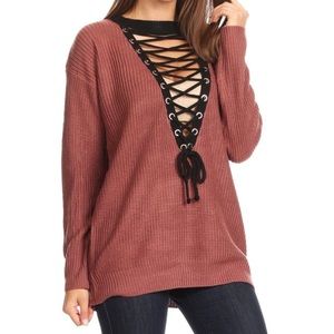 Lace up front & back sweater - Mauve